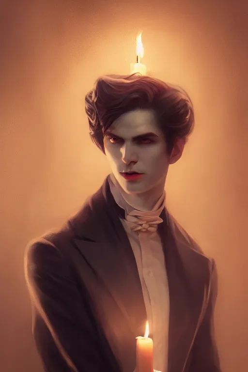 Prompt: portrait of a male vampire socialite, victorian salon, gold eyes, realistic, natural, octane render, rossdraws, tom bagshaw, ross tran, charlie bowater, ruan jia, greg rutkowski, 1 6 k, warm candlelight, character illustration, headroom