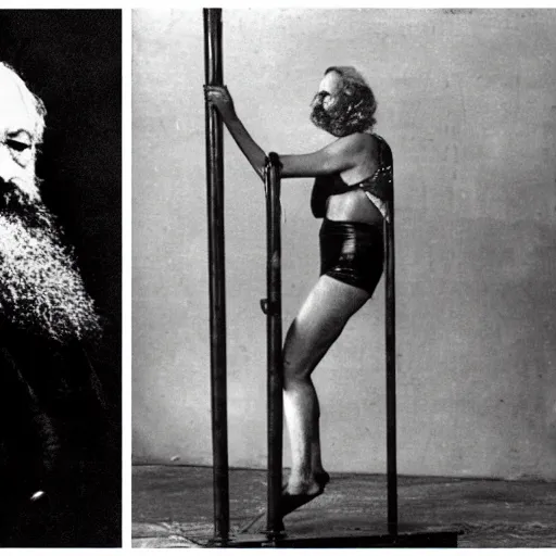 Image similar to karl marx in a bikini, pole dancing