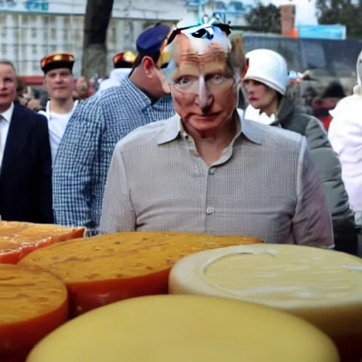 Prompt: close up of vladimir putin visiting a cheese market