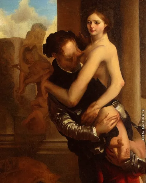 Prompt: a painting of a man holding a woman in his arms by heinrich lossow, trending on deviantart, transgressive art, flemish baroque, furaffinity, renaissance painting