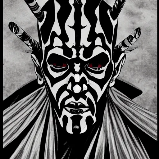 Prompt: Darth Maul portrait in the style of Junji Ito. Manga. Black & White. Gothic. Horror. Exquisitely detailed. 4K.