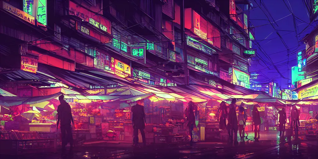 Prompt: twilight lighting, moody, atmospheric, solarpunk, cyberpunk, a render of davao city's roxas night market, rainy, in the art style of neon genesis : evangelion, 8 0 s anime style, by ghibli studio and victor ngai, ghost in the shell art style, akira artstyle, pixar highly detailed, 8 k h 5 7 6