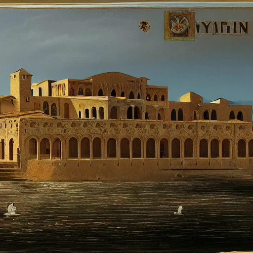 Prompt: A detailled matte painting of a byzantine palace on the Dardanelles