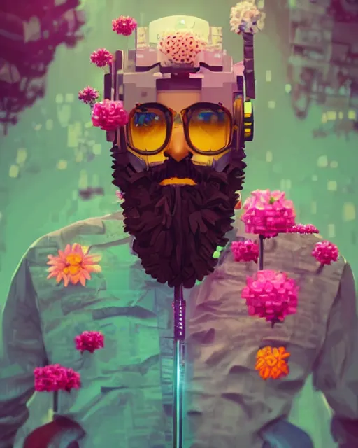 Prompt: a digital painting of a man with flowers in his beard, cyberpunk art by beeple, behance contest winner, retrofuturism, voxel art, # pixelart, dystopian art