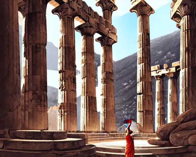 Image similar to Athena in the Athena Temple in Greece, highly detailed, intricate architecture, sharp focus, travel art by Artgerm and Greg Rutkowski and WLOP