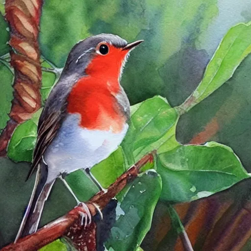 Image similar to watercolor painting of robin bird, very very very very very beautiful nature art, masterpiece, realistic and detailed