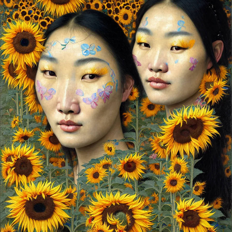 Prompt: portrait of only one beautiful mongolian woman wearing colourful face paint surrounded by bright intricate patterns of sunflowers and other plants, by edgar maxence and caravaggio and michael whelan, intricate painting, hyperrealistic, finely detailed and beautiful aesthetic face, 8 k resolution