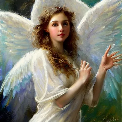 Image similar to a beautiful portrait of an angel with pretty face and her huge white wings spread out painted by gerhartz, highly detailed, beautiful illumination, graceful and elegant,.