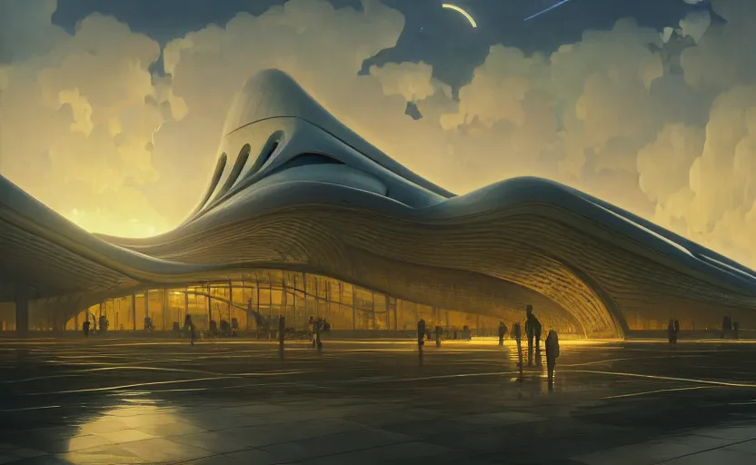 Image similar to exterior shot of utopian architecture airport with cinematic lighting by zaha hadid and renzo piano, darek zabrocki and greg ruthkowski, alphonse mucha, simon stalenhag, cinematic, holy place, paradise, scifi, futurism, atmospheric, sunset, concept art, artstation, trending on artstation