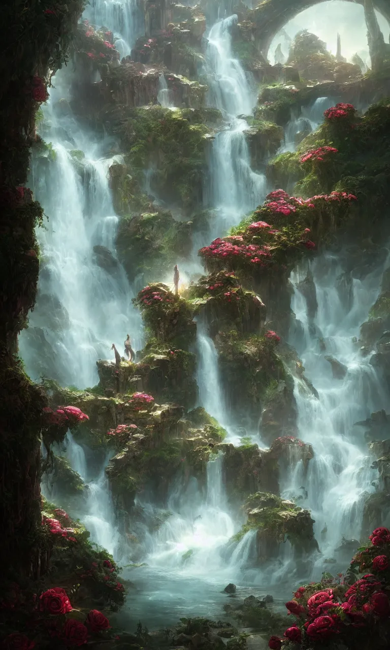 Prompt: fantasy world detailed art, dreamy roses waterfall, cinematic view, detailed, concept art, high detail, warm fantasy lighting, volumetric, trending on artstation, art greg rutkowski