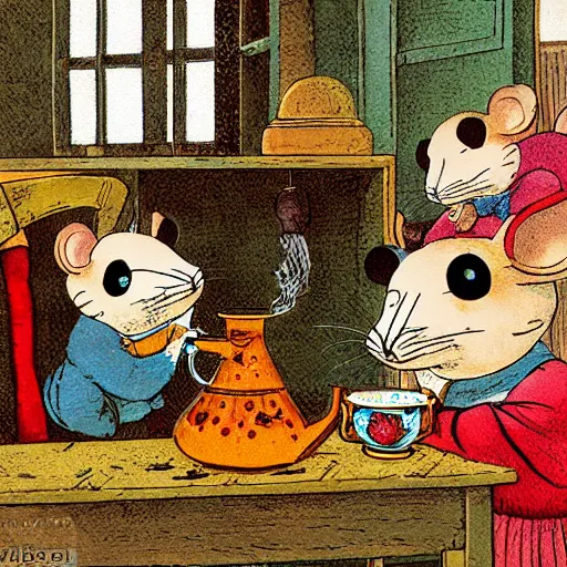 Prompt: russian mouse drinks tea from samovar with her little children, children book illustration, 9 k