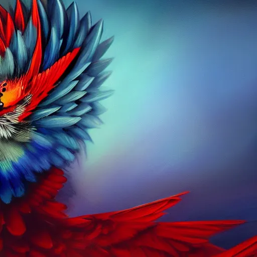 Image similar to an oil painting of a blue budgie with red dragon wings, hd, hdr, ue 5, ue 6, unreal engine 5, cinematic 4 k wallpaper, 8 k, ultra detailed, high resolution, artstation, award winning