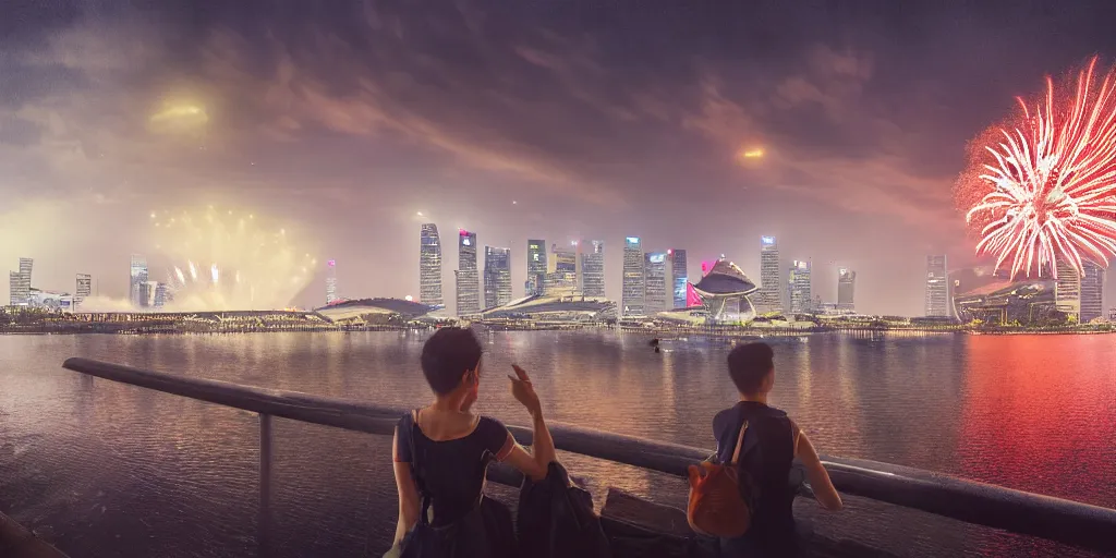 Prompt: Singapore city, Singapore Esplanade, Singapore Marina Bay, with a lion-shaped cloud in the sky and fireworks in the sky, by greg rutkowski, red and white lighting, digital art, ultra realistic, ultra detailed, photorealistic, 4k, character concept