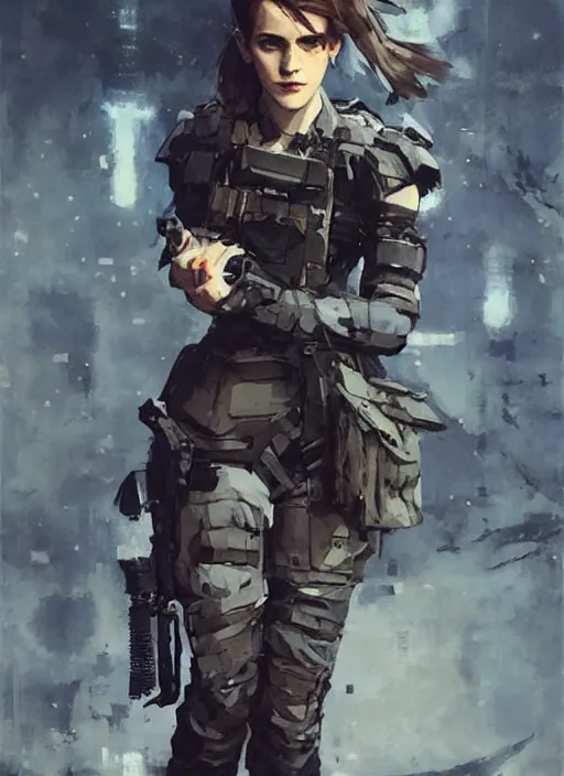 Prompt: emma watson wearing metal gear armor holding ak - 4 7 dramatic lighting art by brandon anschultz by yoji shinkawa by richard schmid by greg rutkowski by sandra chevrier by jeremy lipking cinematic dramatic