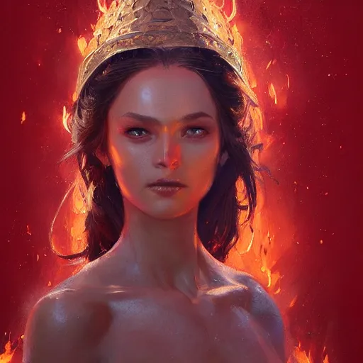 Image similar to a beautiful portrait of a fire goddess, flaming background, a detailed painting by greg rutkowski and raymond swanland, featured on cgsociety, fantasy art, detailed painting, artstation hd, photorealistic