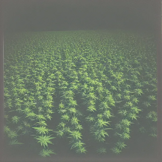 Prompt: field of cannabis on fire at night, polaroid