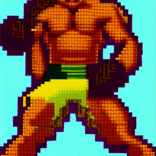 Prompt: full body portrait. 8 bit graphics. antropomorphic muscular masculine wolf, kickboxer fighter, in shorts, in front of destroyed city. wolf head. furr on body. at night. 1 9 8 9