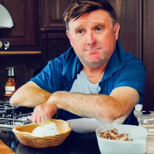 Image similar to an irish middle aged gentleman with brown moptop hair and red cheeks is doing the chicken dance in his kitchen. he is clean shaven. he is wearing a dark blue tshirt and khaki shorts. he holds his arms out like they are chicken wings and dances animatedly. he has no beard or moustache.