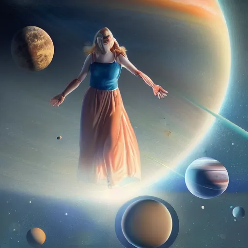 Prompt: giant woman floating among the planets in the solar system, oil on canvas, intricate, 8k highly professionally detailed, HDR, CGsociety