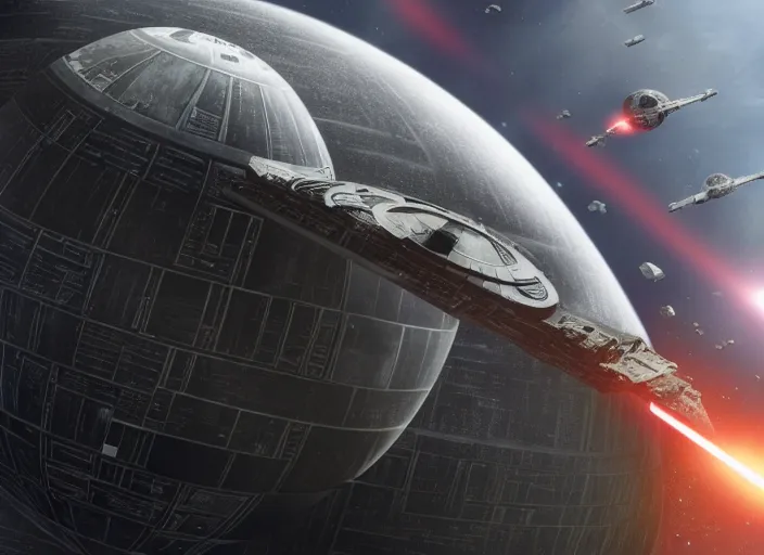 Image similar to film still of the death star hovering above the entire earth in the new star wars movie, 4 k