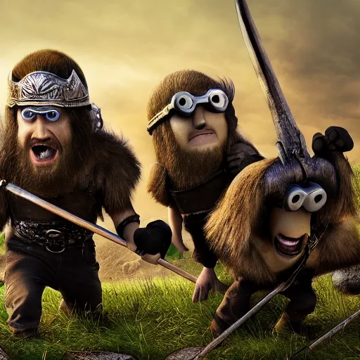 Image similar to The minions in The Vikings Digital art very detailed 4K quality Super Realistic