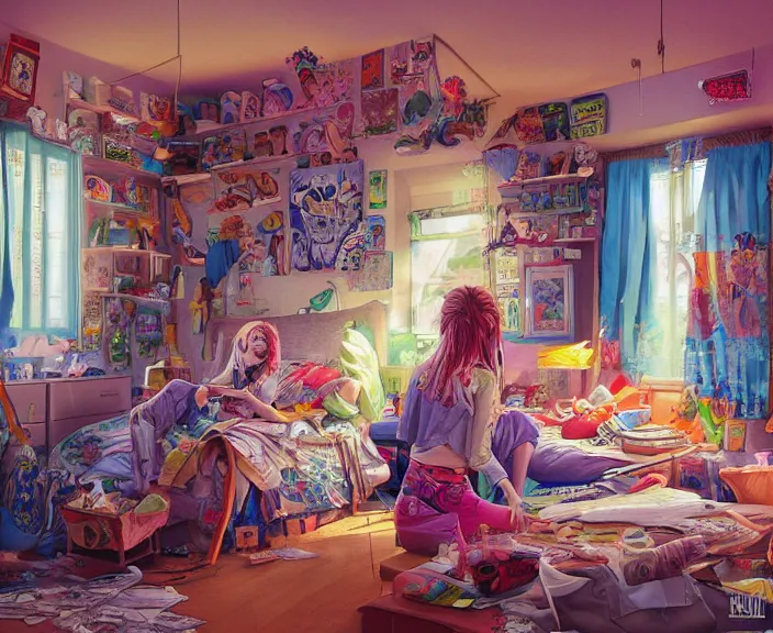 Image similar to highly detailed colorful illustration of a teenager in her room in the 9 0's, very detailed, unreal engine, octane render, 4 k, clean shaped illustration by kim jung gi, ron english and eiichiro oda