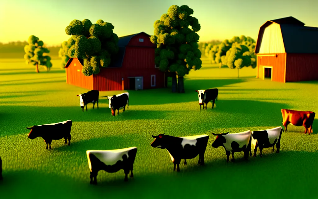 Prompt: miniature farm, godrays on animals, volumetric light, cartoon render, pasture, cows, barn, happy landscape