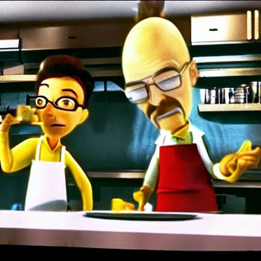 Image similar to a screenshot of Walter White cooking meth in Meet The Robinsons (2007) low quality, vhs quality,