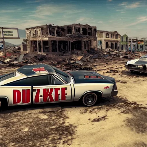 Prompt: dukes of hazzard car driving through a destroyed town, realistic