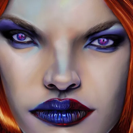 Image similar to mystique from the xmen, 8 k, realistic, oil painting, high detail, pretty face,