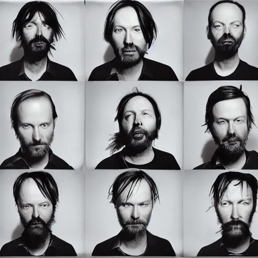 Prompt: Radiohead, with a beard and a black shirt, a computer rendering by Martin Schoeller, cgsociety, de stijl, uhd image, tintype photograph, studio portrait, 1990s, calotype