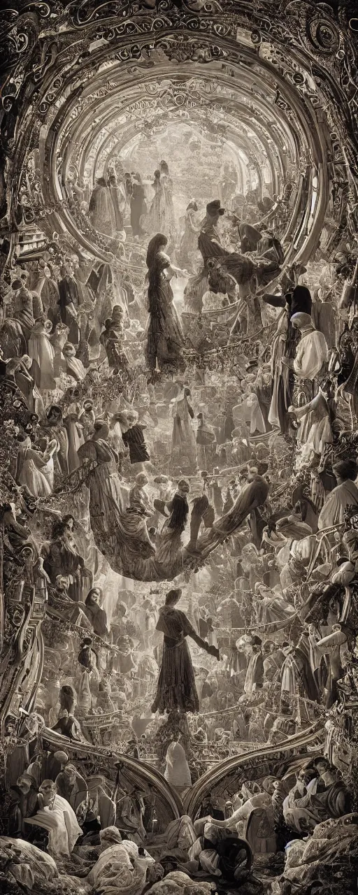 Image similar to The valley between worlds connected by human spirituality showcasing to victorian era people floating towards each other with outstretched arms. Intricate details, photo realistic, award winning, dramatic lighting, intricate details, award winning, depth of field, UHD 8K