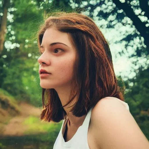 Image similar to an hd photo of a young woman with short brown hair and green eyes, trees in the background, night sky with stars and galaxies, trending on artstation, candid, profile photo