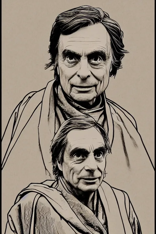 Prompt: A cast copper engraving of carl sagan wearing jedi robes, HD, 4k, 8k, incredibly detailed, intricate, masterpiece, trending on artstation, cgsociety