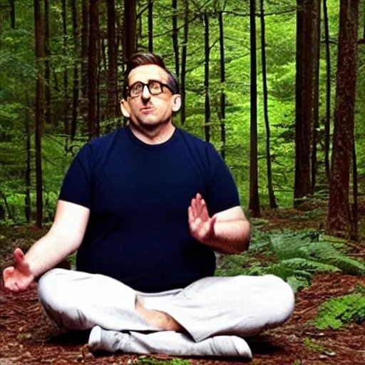 Image similar to chubby Steve Carell meditate in the Forest