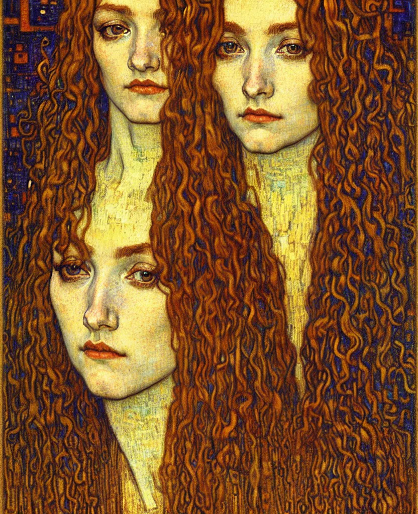 Image similar to detailed realistic beautiful young medieval queen face portrait by jean delville, gustav klimt and vincent van gogh, art nouveau, symbolist, visionary, gothic, pre - raphaelite, muted earthy colors, desaturated