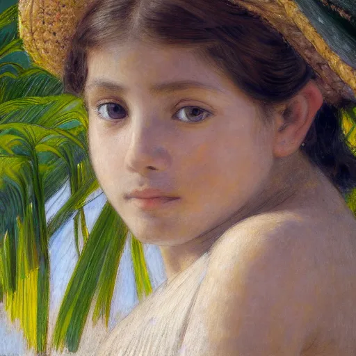 Image similar to a ultradetailed beautiful painting of a girl in the amazonas palace balustrade designed by jules bastien - lepage, tarsila do amaral, frank weston and gustave baumann, beach, trending on artstation, mediterranean, palm trees, hyper detailed face, sharp focus, soft light, 8 k 4 k