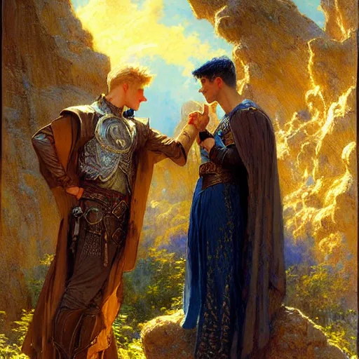 Image similar to attractive arthur pendragon with attractive male merlin the mage. they are in love. highly detailed painting by gaston bussiere, craig mullins, j. c. leyendecker