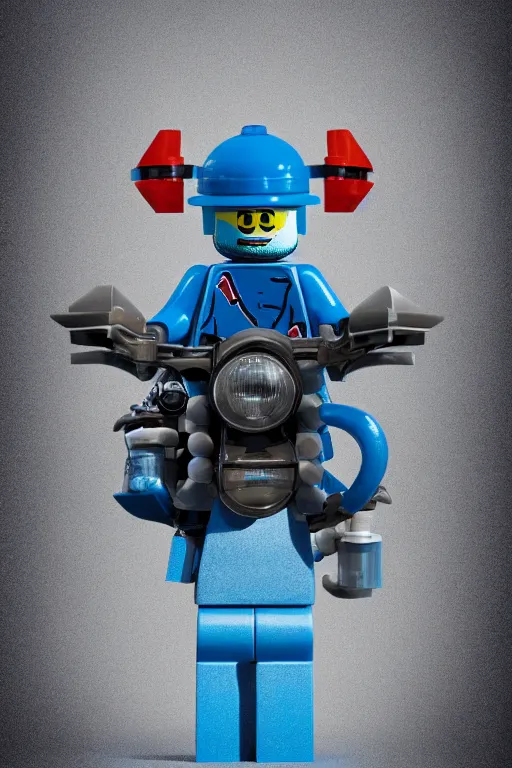 Image similar to a lego minifigure wearing a blue jean and blue shirt, he also wears a grey beanie, he is riding a red ducati panigale, 3 d octane render, artstation, concept art, smooth, sharp focus ilustration hq, octane render, hyperrealistic, aenaluck, artgerm, greg rutkowski