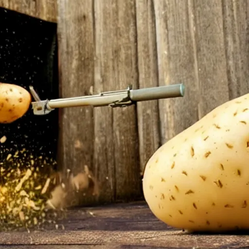 Image similar to a potato with a machine gun shooting at a wall.