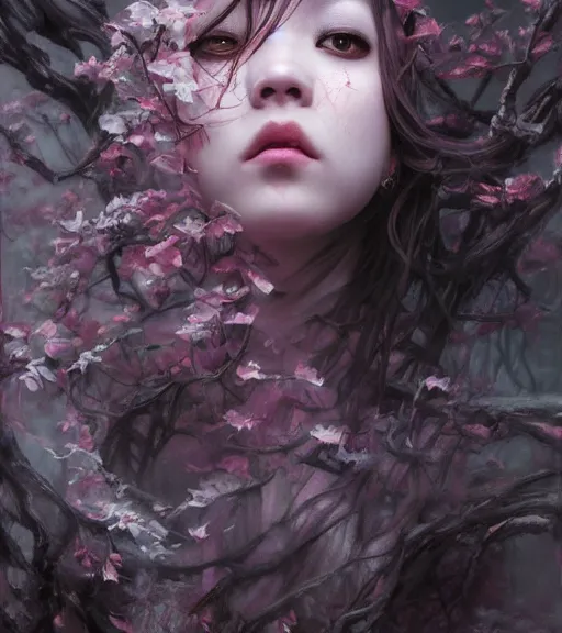 Prompt: a beautiful terrifying ghost portrait blackpink blackpink black eyes twisted trees, floating cloth whirlpool, butterfly hard lighting ethereal horror fantasy art by and hajime sorayama raymond swanland and monet, ruan jia, by wlop, 4 k hd artstation concept art greyscale