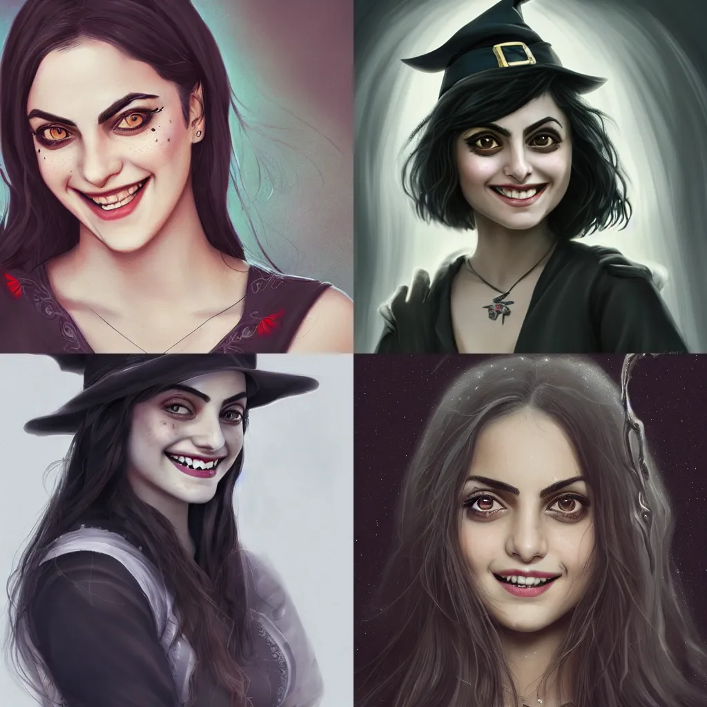 Prompt: female Camila Mendes, as a pretty witch, fun smile, pale face, symmetrical face, slender, realistic character concept, medium shot, fun pose, illustration, artstation, cinematic lighting, hyperdetailed, cgsociety, 8k, high resolution, insanely detailed and intricate, beautiful