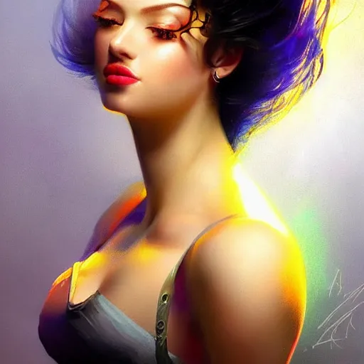 Prompt: electric woman, cute - fine - face, pretty face, oil slick hair, realistic shaded perfect face, extremely fine details, realistic shaded lighting, dynamic background, artgerm, highly detailed, ivan aivazovsky