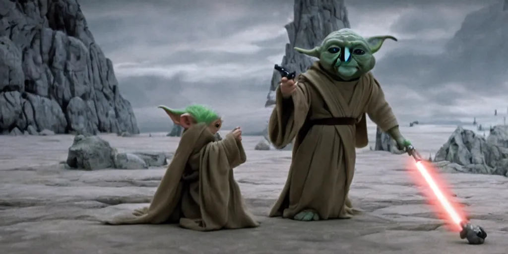 Prompt: Luke Skywalker teaches baby yoda at Jedi Temple scene from the last jedi, 2022, film by Stanley Kubrick, serene, iconic scene, stunning cinematography, hyper detailed, sharp, anamorphic lenses, kodak color film