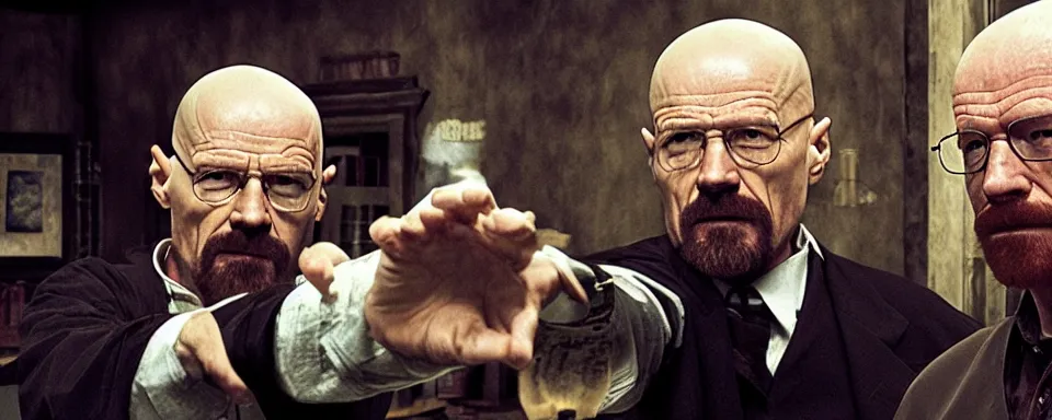 Image similar to walter white teaching harry potter to cook meth, hd, photorealistic, cinematic