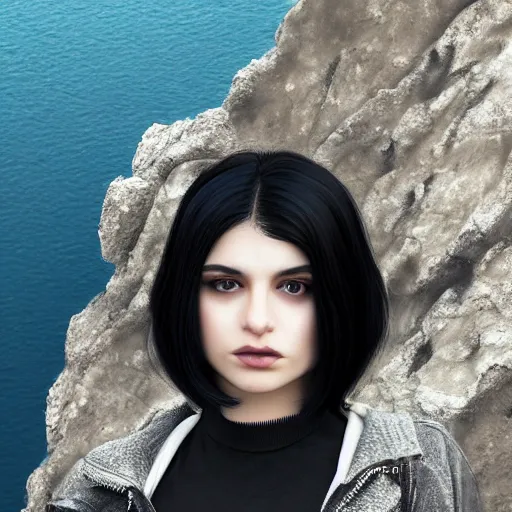 Image similar to 1 7 - year - old pale - skinned persian girl with black long bob cut, black gothic jacket, blue jeans, psychic girl, psychokinetic girl, standing on cliff along the irish coast, overcast gray skies, ultra - realistic, sharp details, subsurface scattering, intricate details, cold lighting, highly detailed, photorealistic, octane render, art by artgerm