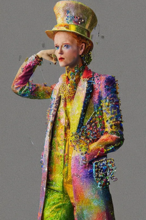 Prompt: a scene with a character wearing a super intricate multi colored, muted color diy! suit, and a transparent trenchcoat with a lot of pockets and details, super intricate jewelry, vivienne westwood!, detailed photoreal render octane render, pointillism, oil on canvas