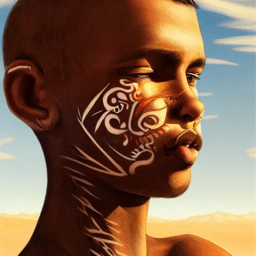 Image similar to a detailed portrait of a boy with a face tattoo in the desert, fantasy art illustration, incredibly highly detailed and realistic, 8 k, sharp focus