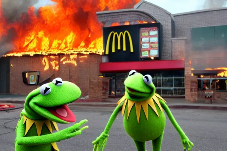 Prompt: Kermit the Frog from the Muppets posing for a photo in front of a McDonalds covered in fire and flames