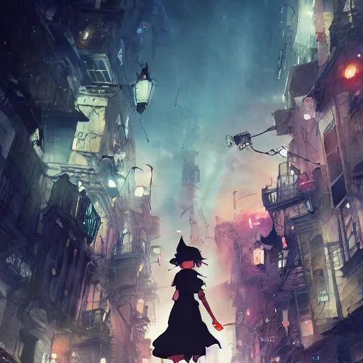 Image similar to anime key visual of a little witch walking through busy cities, cinematic lighting, dramatic atmosphere, by dustin nguyen, akihiko yoshida, greg tocchini, greg rutkowski, cliff chiang, 4 k resolution